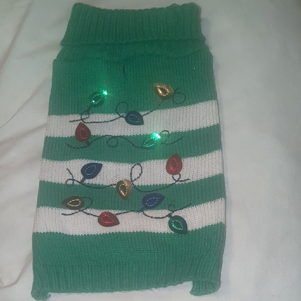 Festive Green Knit Dog Sweater with Lights